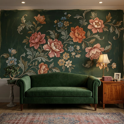 Vintage Floral Wallpaper Dark Green Background Hand Painted Botanicals Wall Mural