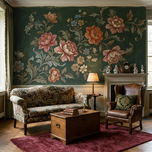 Vintage Floral Wallpaper Dark Green Background Hand Painted Botanicals Wall Mural