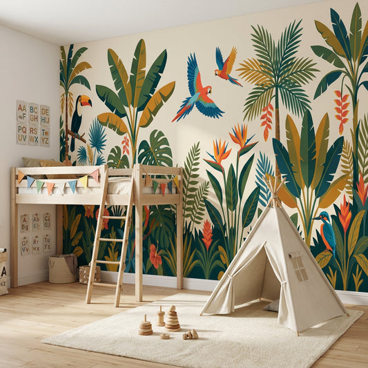 Rainforest Wallpaper Parrots Palm Leaves Wall Mural