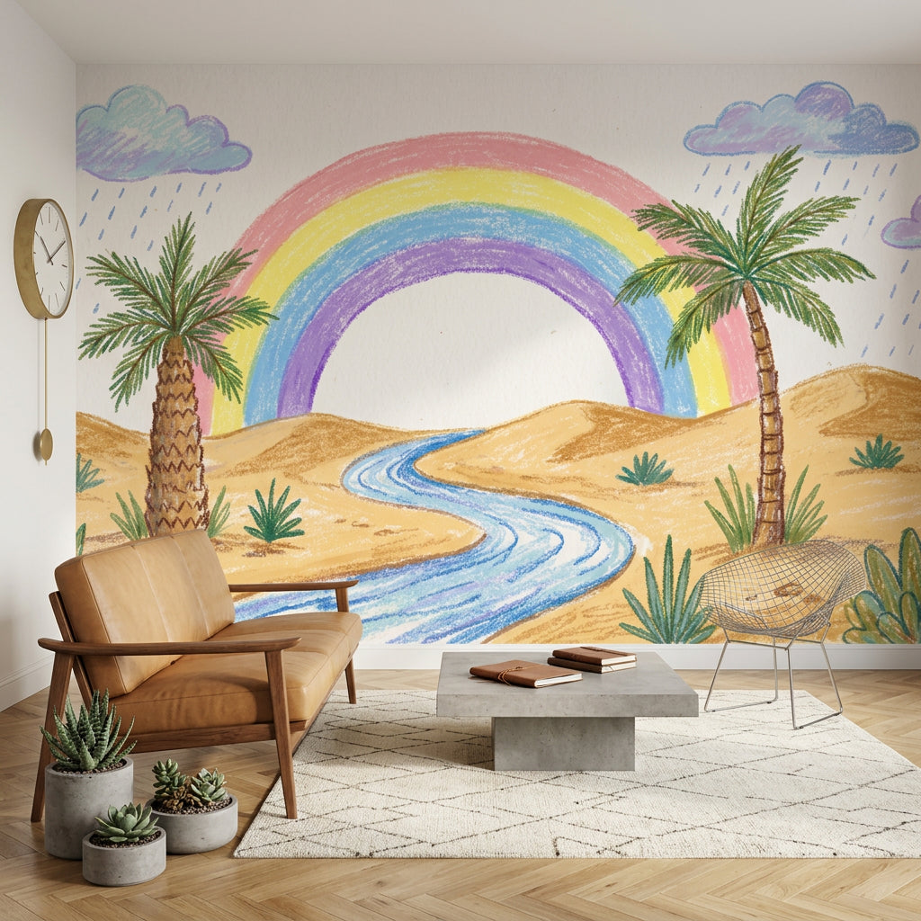 Desert Landscape Wallpaper Pastel Rainbow Palm Trees Removable Wall Decor