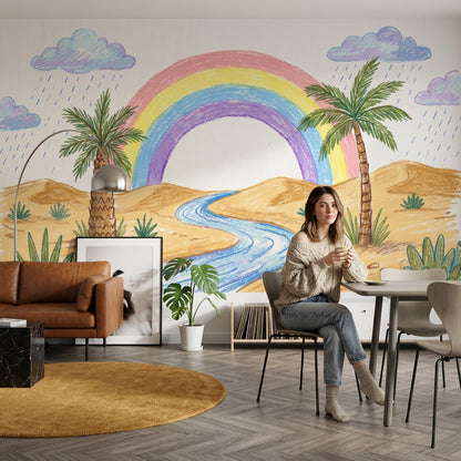 Desert Landscape Wallpaper Pastel Rainbow Palm Trees Removable Wall Decor