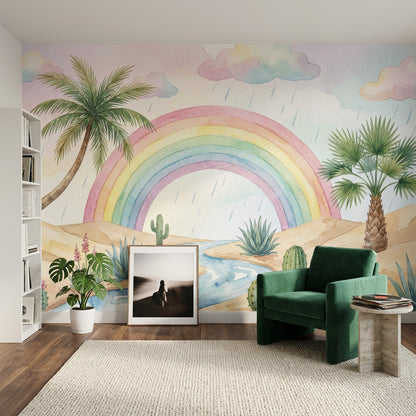 Pastel Rainbow Wallpaper Watercolor Desert Removable Cacti And Succulents Wall Decor