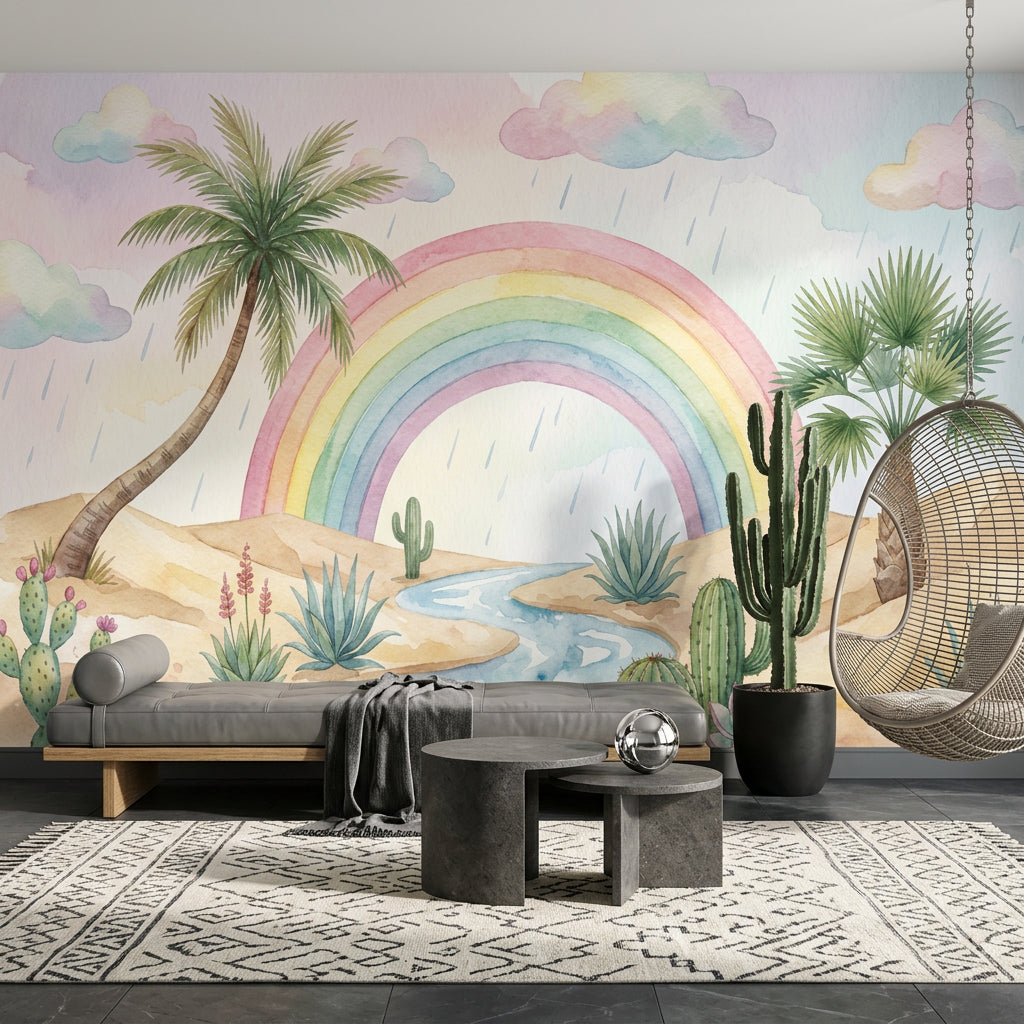 Pastel Rainbow Wallpaper Watercolor Desert Removable Cacti And Succulents Wall Decor