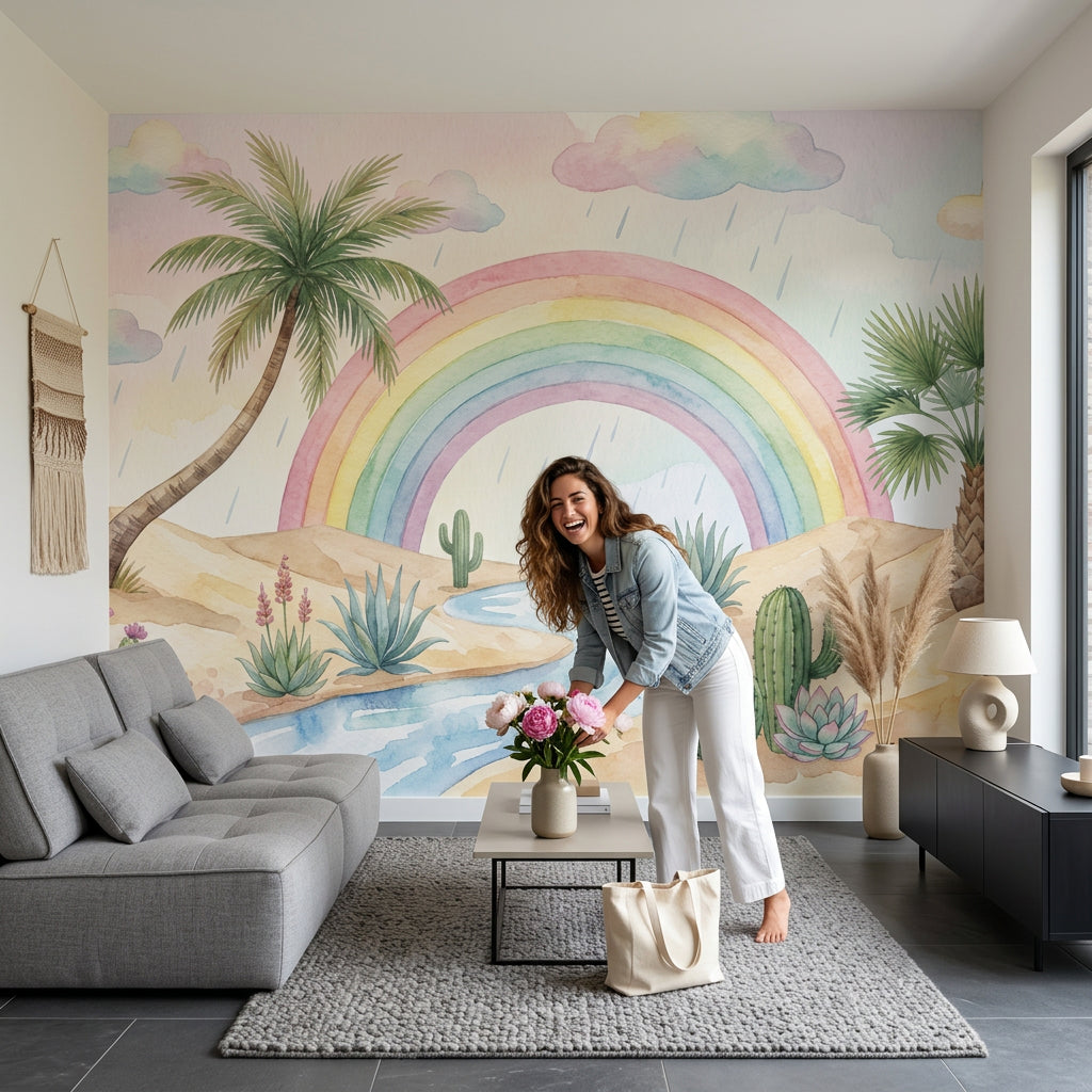 Pastel Rainbow Wallpaper Watercolor Desert Removable Cacti And Succulents Wall Decor