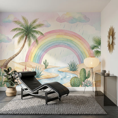 Pastel Rainbow Wallpaper Watercolor Desert Removable Cacti And Succulents Wall Decor
