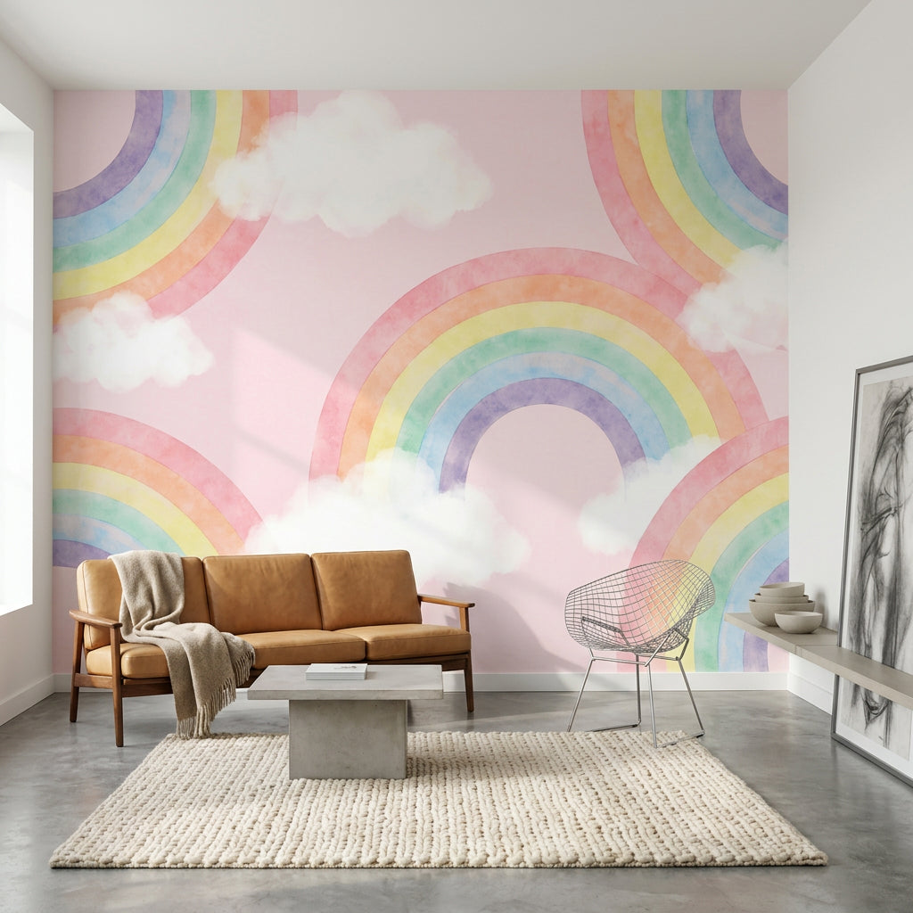 Pastel Rainbow Wallpaper Watercolor Pink Background Removable Wall Decor