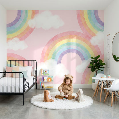 Pastel Rainbow Wallpaper Watercolor Pink Background Removable Wall Decor