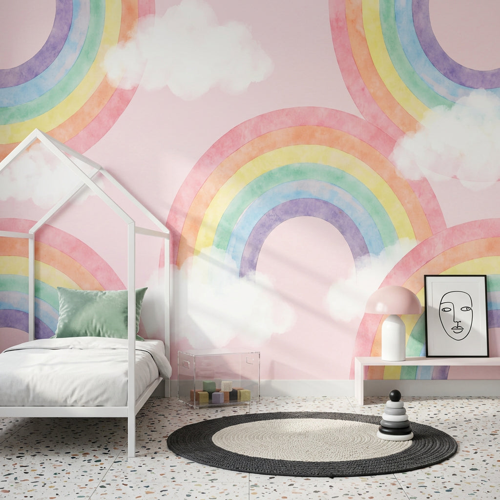 Pastel Rainbow Wallpaper Watercolor Pink Background Removable Wall Decor
