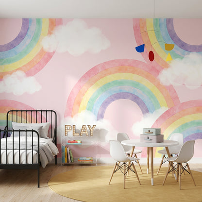 Pastel Rainbow Wallpaper Watercolor Pink Background Removable Wall Decor