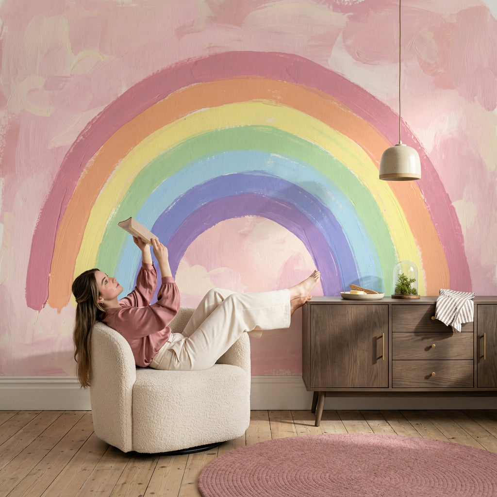 Pastel Rainbow Wallpaper Pink Sky Removable Hand Painted Wall Decor