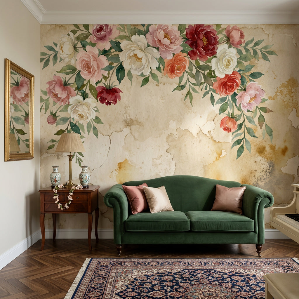 Paper Texture Wallpaper Muted Green Floral Wall Mural