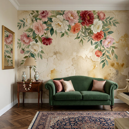 Paper Texture Wallpaper Muted Green Floral Wall Mural