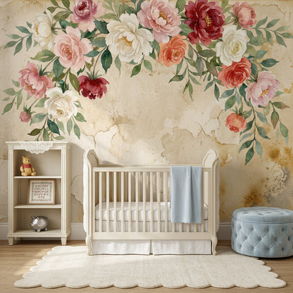 Paper Texture Wallpaper Muted Green Floral Wall Mural