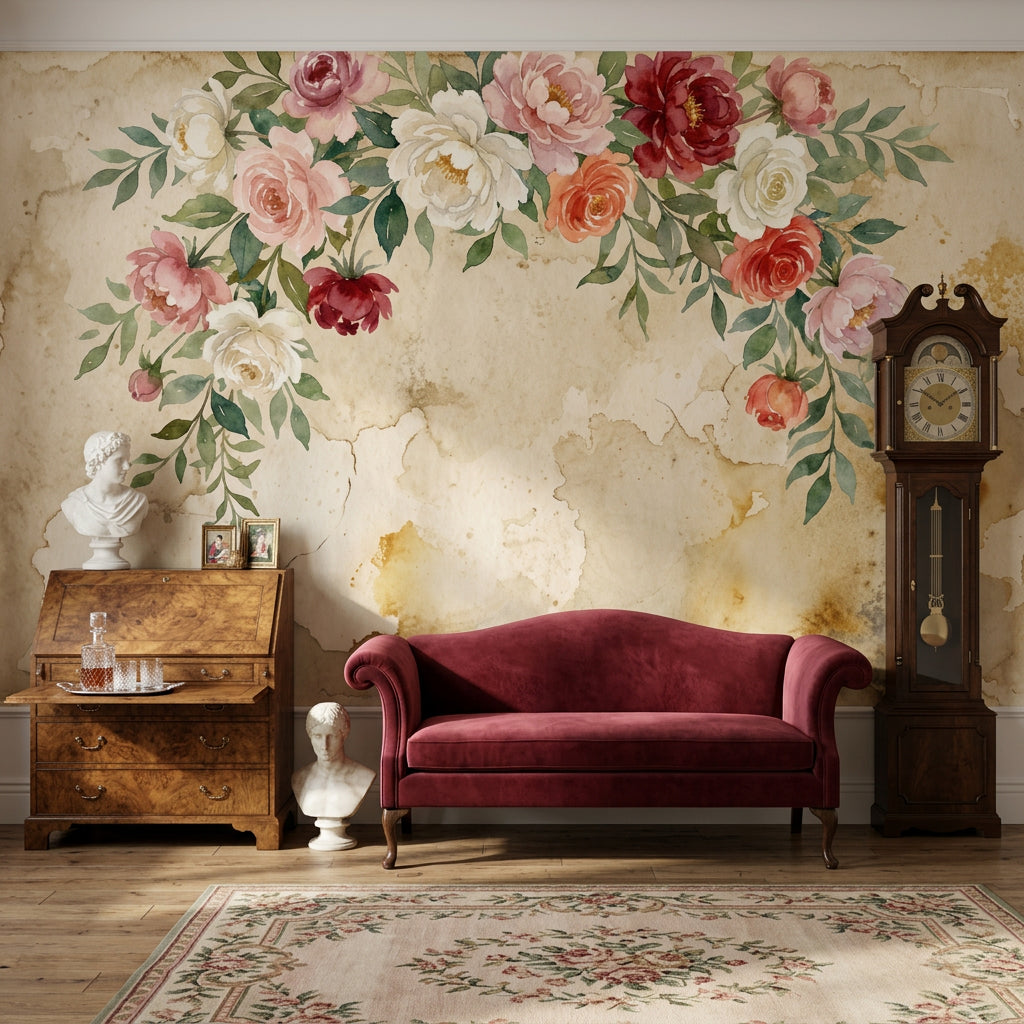 Paper Texture Wallpaper Muted Green Floral Wall Mural