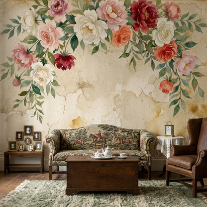 Paper Texture Wallpaper Muted Green Floral Wall Mural