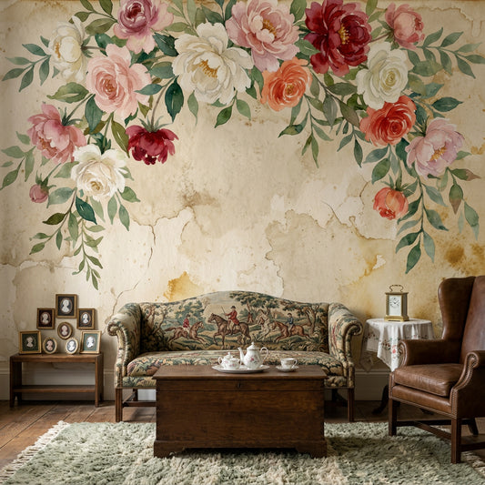 Paper Texture Wallpaper Muted Green Floral Wall Mural