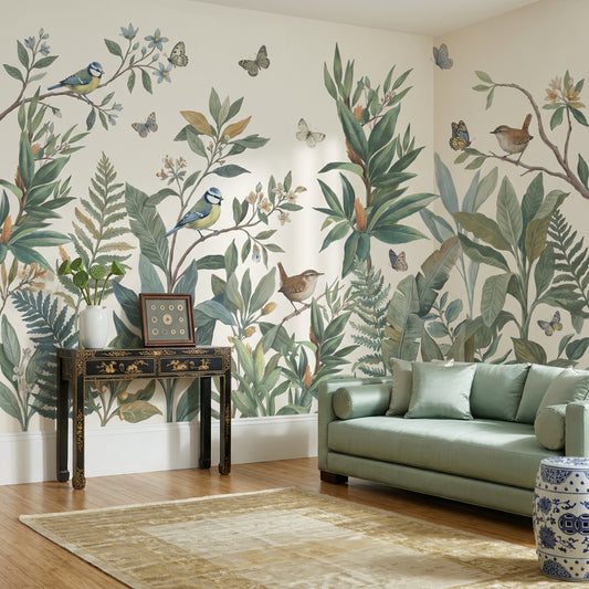 Vintage Botanical Wallpaper Watercolor Birds Wall Mural