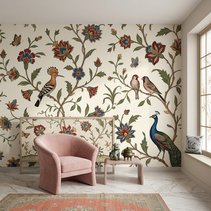 Peacock Wallpaper Floral Vine Cream Background Removable Wall Decor
