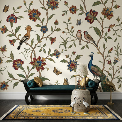 Peacock Wallpaper Floral Vine Cream Background Removable Wall Decor
