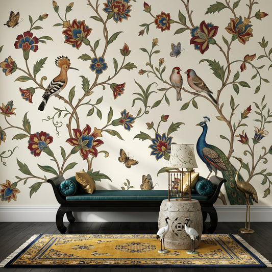 Peacock Wallpaper Floral Vine Cream Background Removable Wall Decor