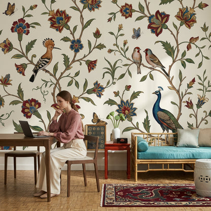 Peacock Wallpaper Floral Vine Cream Background Removable Wall Decor
