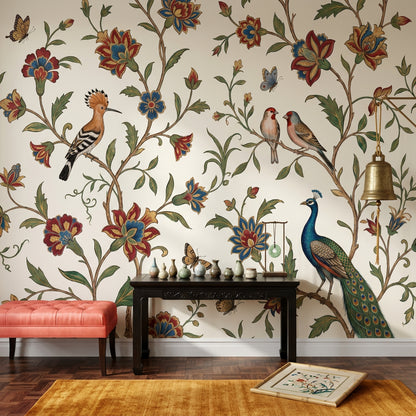 Peacock Wallpaper Floral Vine Cream Background Removable Wall Decor