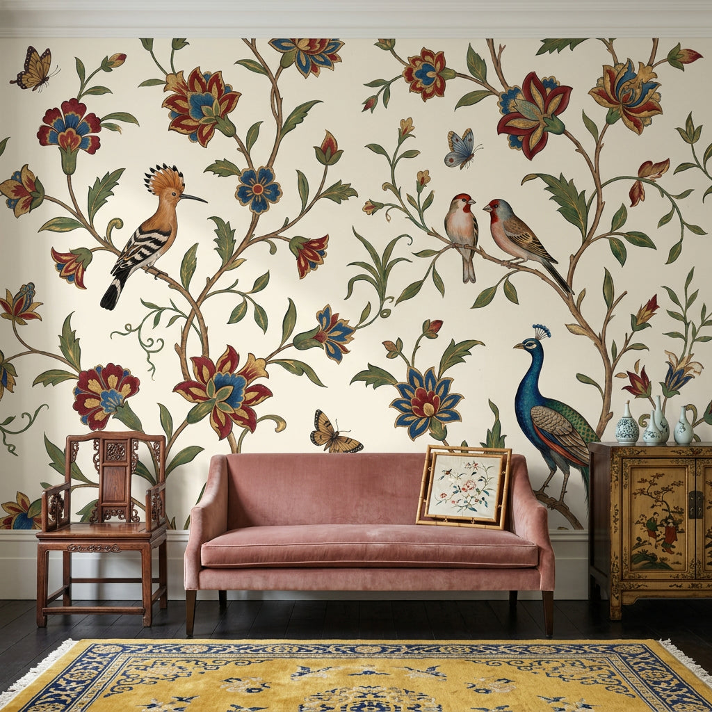 Peacock Wallpaper Floral Vine Cream Background Removable Wall Decor
