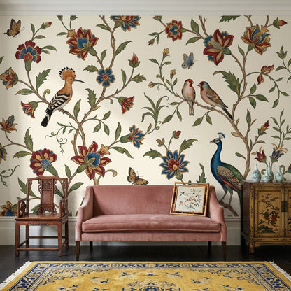Peacock Wallpaper Floral Vine Cream Background Removable Wall Decor