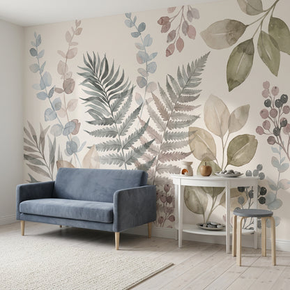 Fern Leaves Wallpaper Eucalyptus Stems Removable Berry Clusters Wall Decor