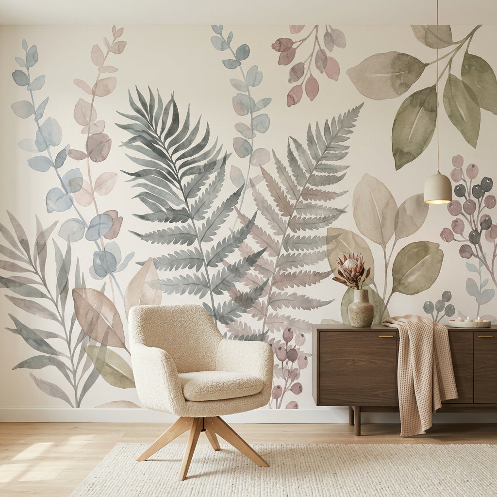 Fern Leaves Wallpaper Eucalyptus Stems Removable Berry Clusters Wall Decor