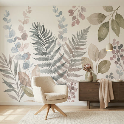 Fern Leaves Wallpaper Eucalyptus Stems Removable Berry Clusters Wall Decor