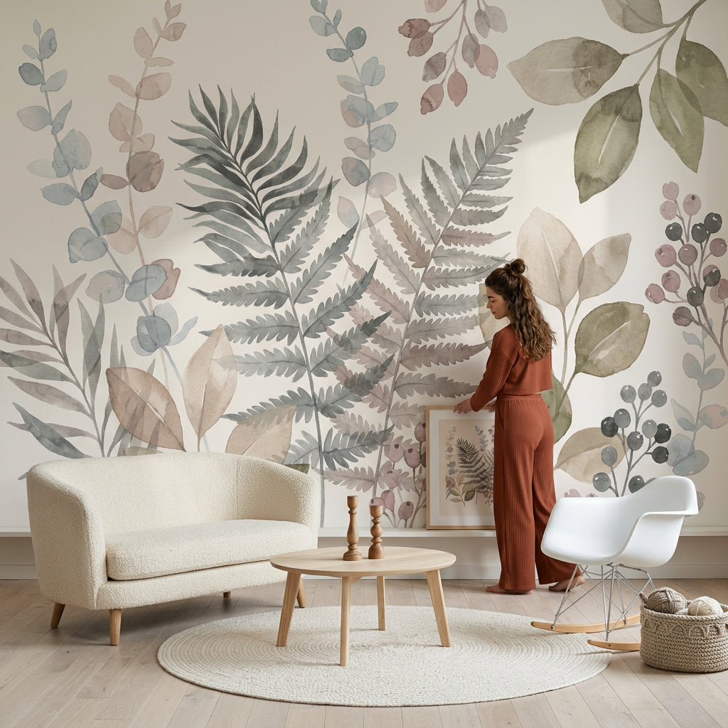 Fern Leaves Wallpaper Eucalyptus Stems Removable Berry Clusters Wall Decor