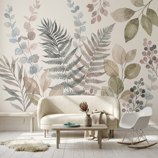 Fern Leaves Wallpaper Eucalyptus Stems Removable Berry Clusters Wall Decor