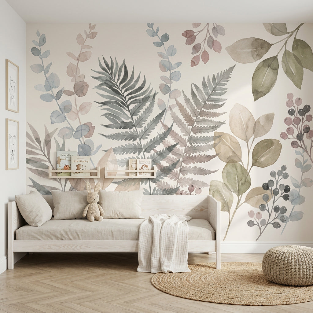 Fern Leaves Wallpaper Eucalyptus Stems Removable Berry Clusters Wall Decor