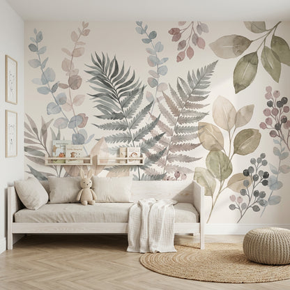 Fern Leaves Wallpaper Eucalyptus Stems Removable Berry Clusters Wall Decor