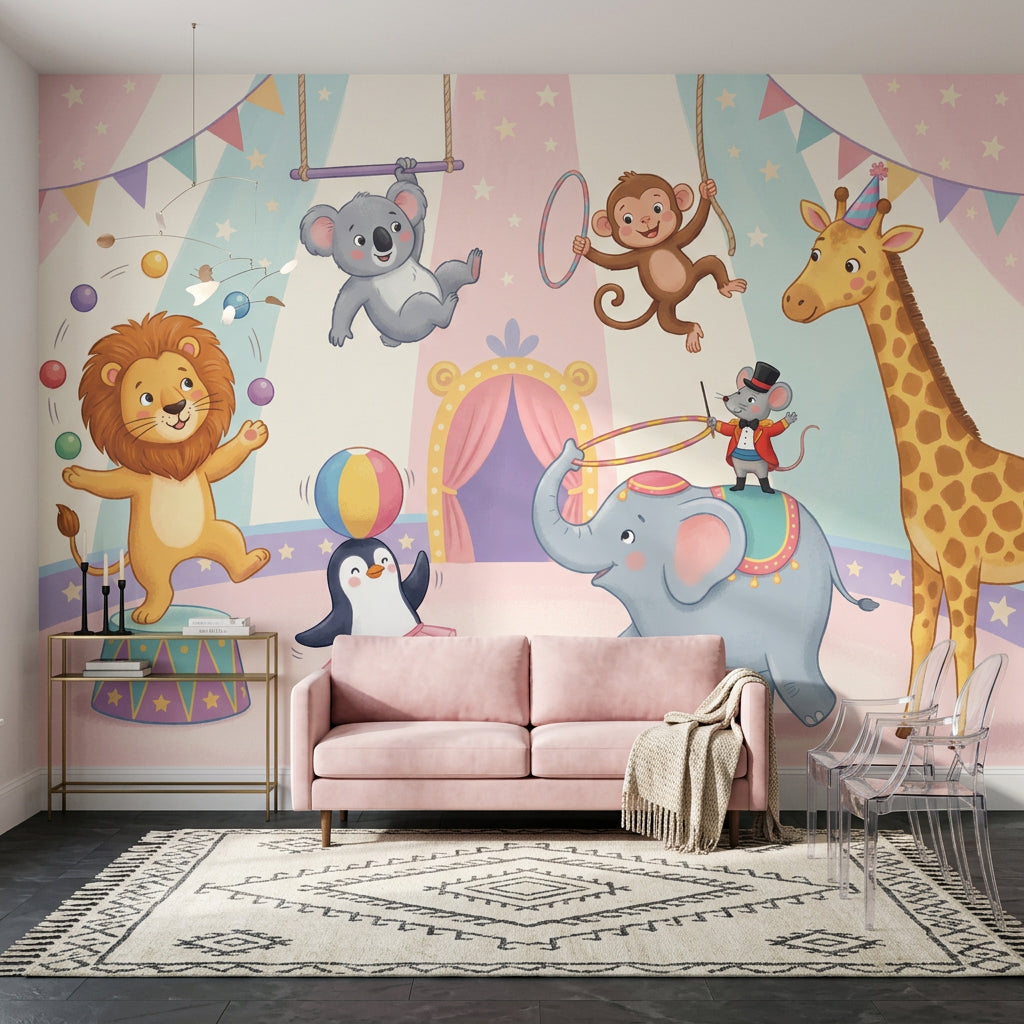 Circus Wallpaper Cartoon Animals Kids Nursery Wall Mural