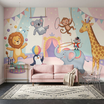 Circus Wallpaper Cartoon Animals Kids Nursery Wall Mural