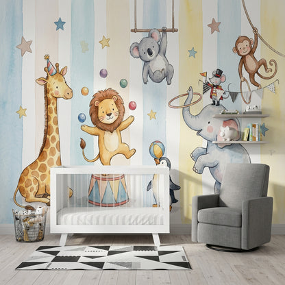 Circus Animals Wallpaper Watercolor Removable Pastel Wall Decor