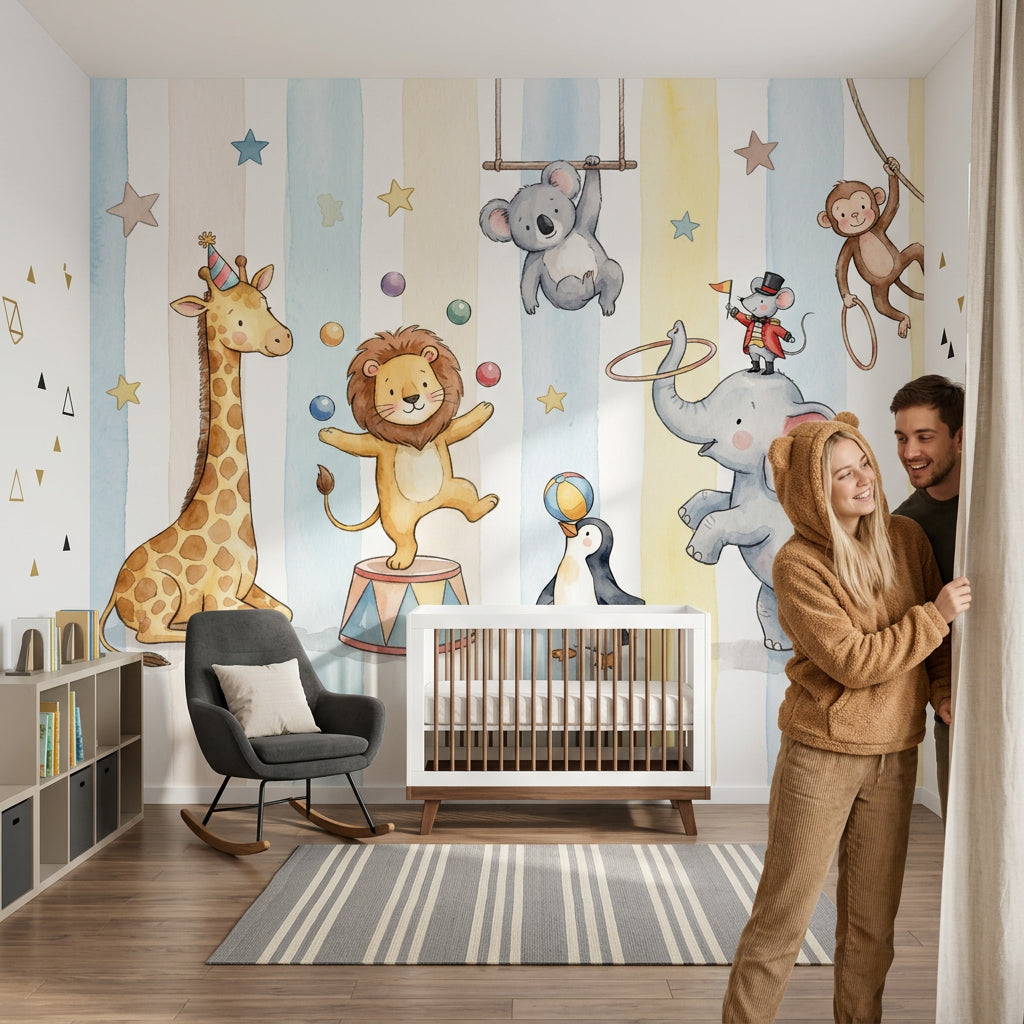 Circus Animals Wallpaper Watercolor Removable Pastel Wall Decor