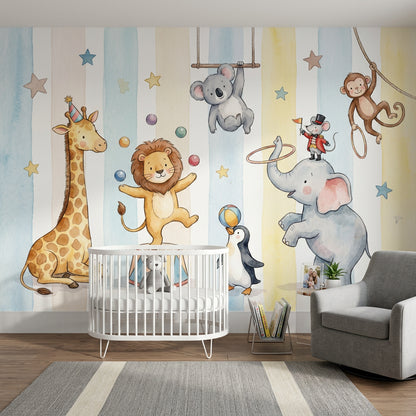 Circus Animals Wallpaper Watercolor Removable Pastel Wall Decor