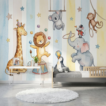 Circus Animals Wallpaper Watercolor Removable Pastel Wall Decor