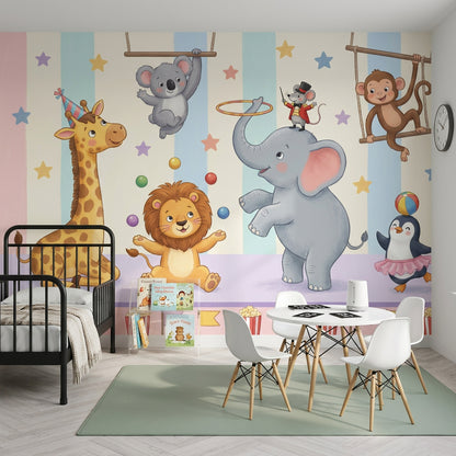 Circus Wallpaper Cute Animals Pastel Stripes Wall Mural