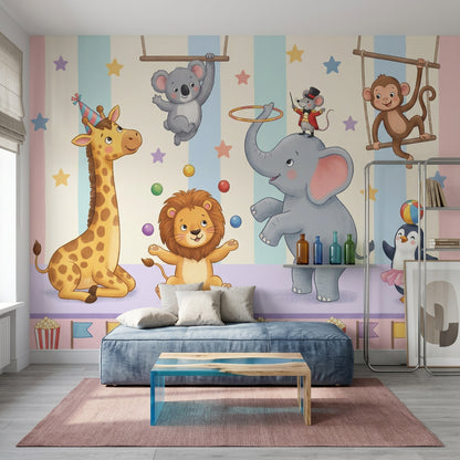 Circus Wallpaper Cute Animals Pastel Stripes Wall Mural