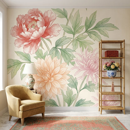 White Background Wallpaper Floral Removable Botanical Wall Decor
