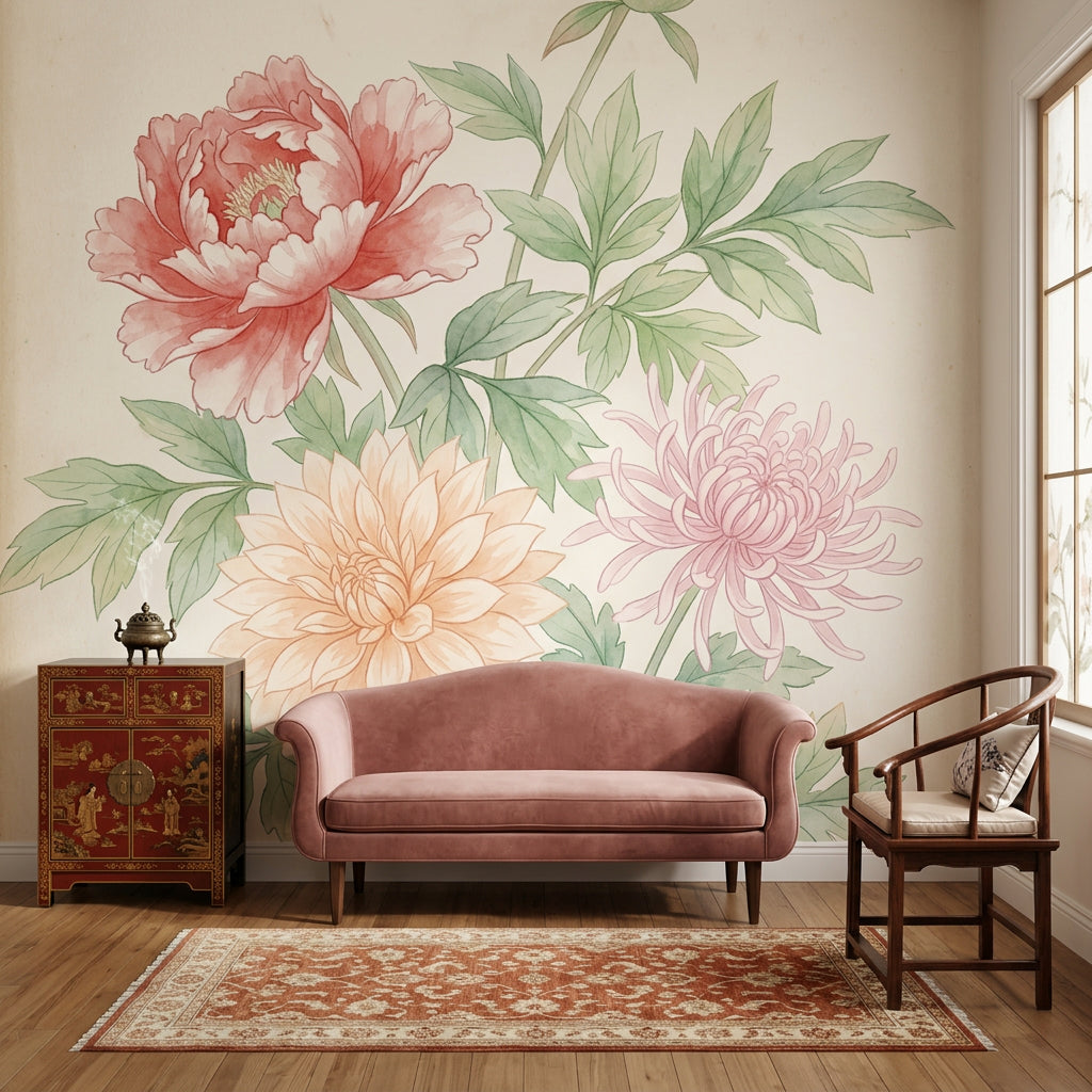 White Background Wallpaper Floral Removable Botanical Wall Decor