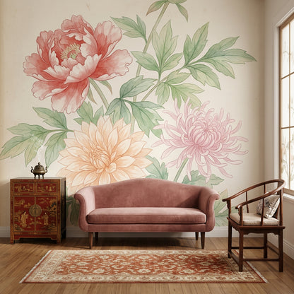 White Background Wallpaper Floral Removable Botanical Wall Decor