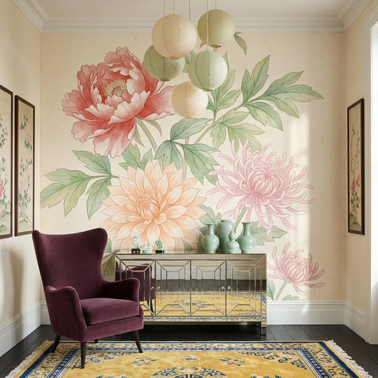White Background Wallpaper Floral Removable Botanical Wall Decor