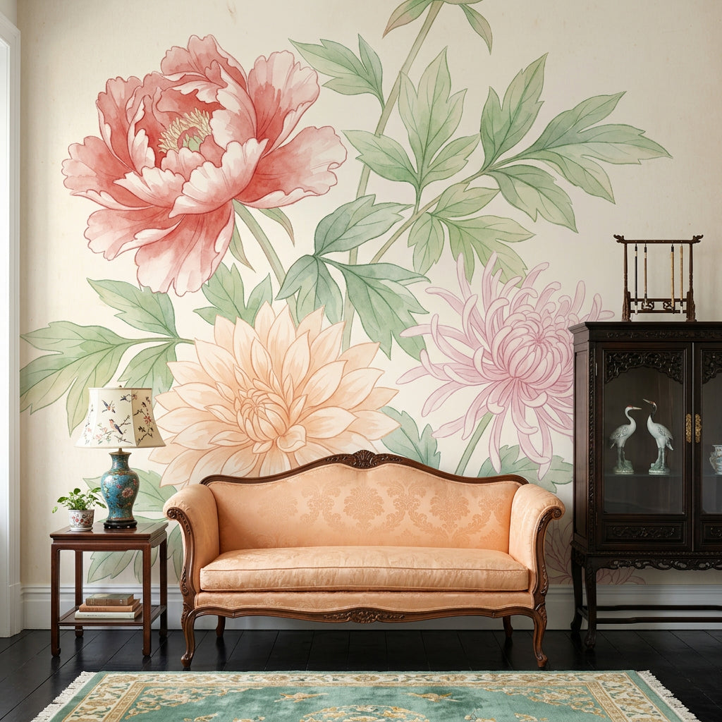 White Background Wallpaper Floral Removable Botanical Wall Decor
