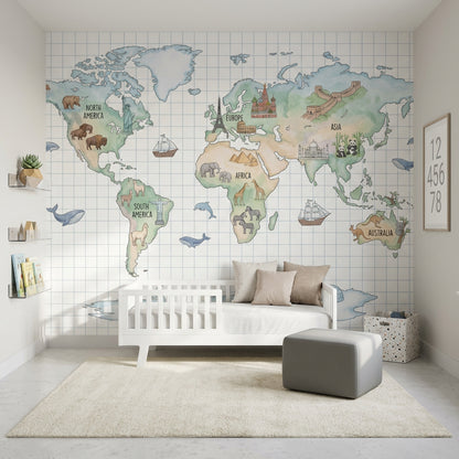 World Map Wallpaper Atlas Geography Removable Wall Decor