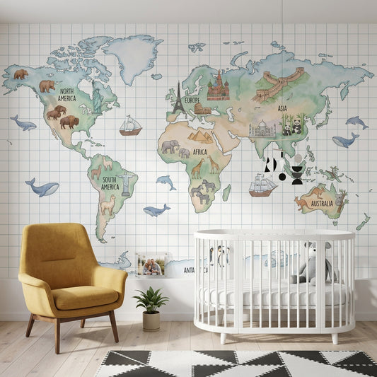 World Map Wallpaper Atlas Geography Removable Wall Decor